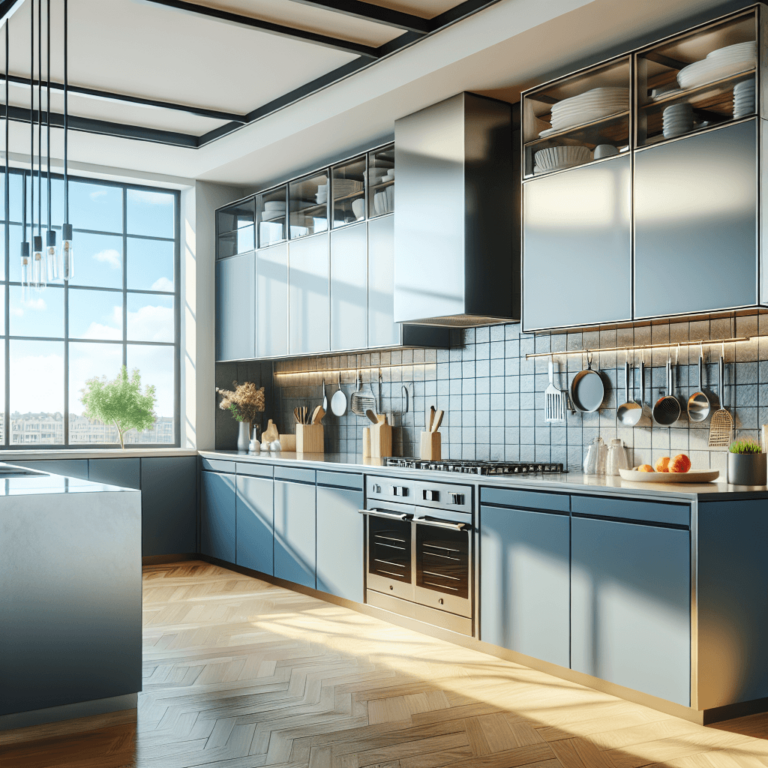 blaugraue Küche mit Stahlakzenten-Dresden